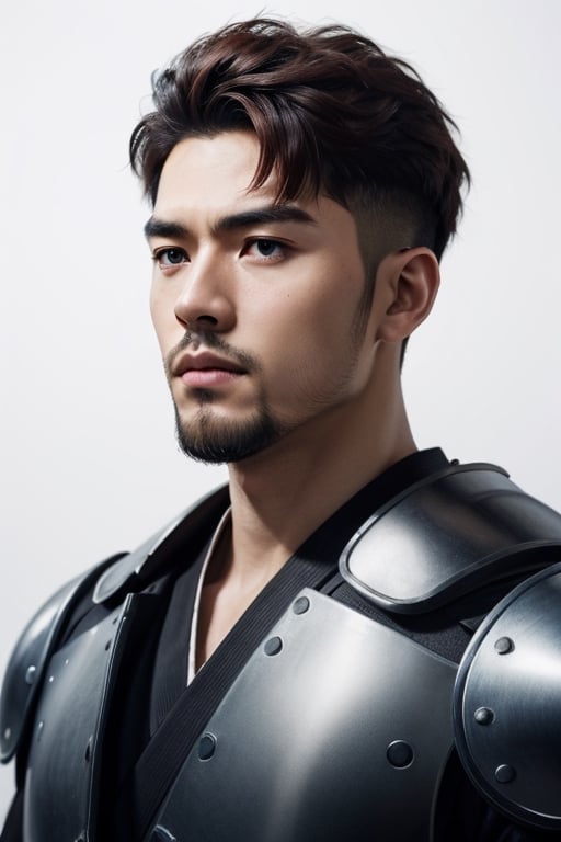 (masterpiece), best quality, expressive eyes, perfect face, centered, (platinum futuristic japanese armor),  (futuristic dojo background), (male), (modern samurai), (dark red hair), leather, jedi, young, red, ((white Haori)), cyberpunk, bulk, short beard, robust physique