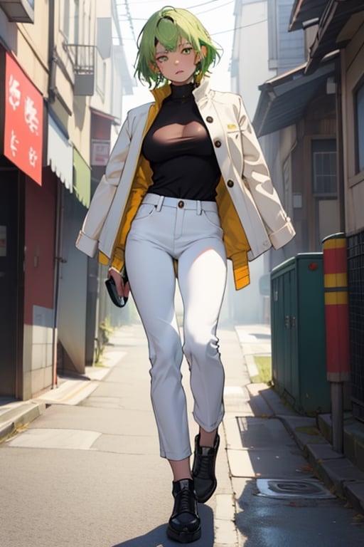 (masterpiece), best quality, best face, perfect face, a girl, skinny, acid-green hair, golden eyes, full_body, short hair, asymmetrical bangs, gakuran, white jacket, white long pants, yellow t-shirt, hidden boobs