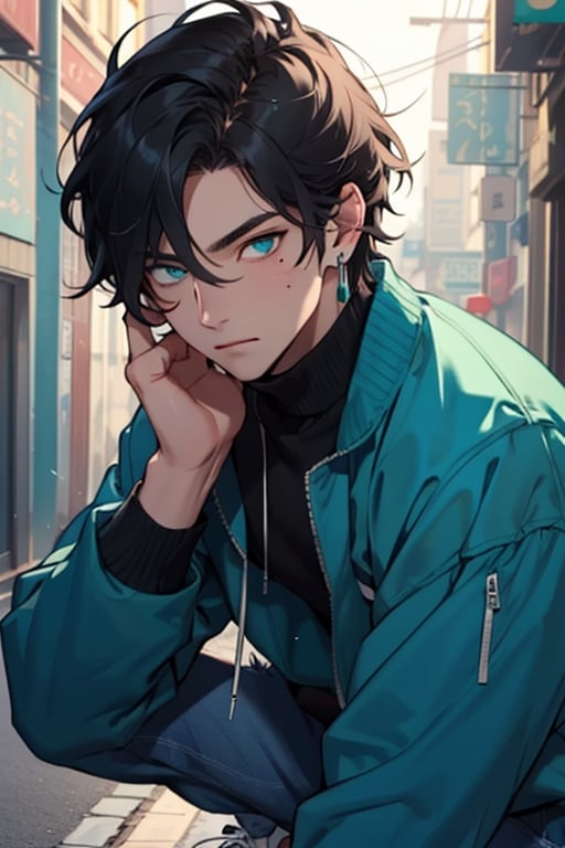 (masterpiece), best quality, expressive eyes, perfect faces, detailed faces, a man, black hair, tuft covering right eye, teal eyes, fullbody, slender, black turtleneck, blue jeans, sneakers, one mole just under left eye, shy perfect hands, light blue prism earring at left ear