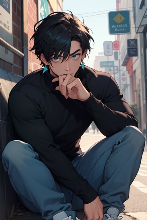 (masterpiece), best quality, expressive eyes, perfect faces, detailed faces, a man, black hair, tuft covering right eye, teal eyes, fullbody, slender, black turtleneck, jeans, sneakers, a single mole just under left eye, shy perfect hands, light blue octahedron earring at left ear