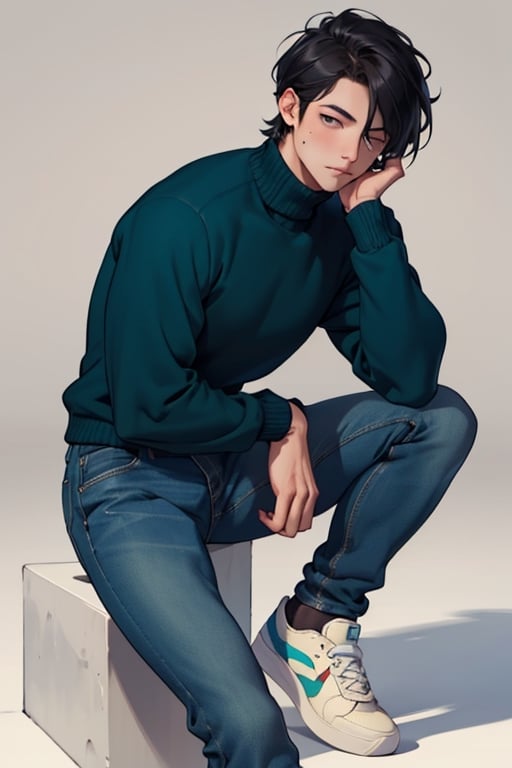 (masterpiece), best quality, expressive eyes, perfect faces, detailed faces, a man, black hair, tuft covering right eye, teal eyes, fullbody, slender, black turtleneck, blue jeans, sneakers, mole under left eye, shy perfect hands