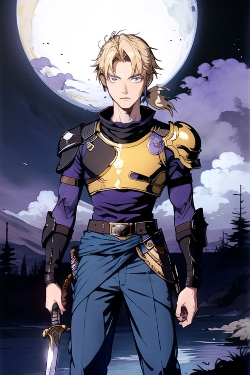 (masterpiece), best quality, best face, perfect face, Yoshitaka Amano, a boy, blue dressed, blond, purple eyes, ponytail, gold armor pauldron, a sword in his right hand, a shield on his back, few colors, most black and white, long_pants, Suzuna, black sky, final fantasy