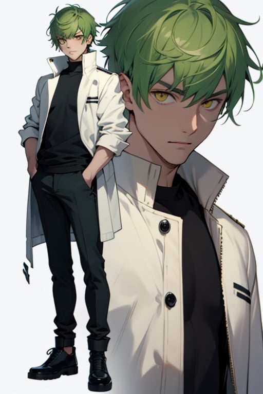 (masterpiece), best quality, best face, perfect face, short guy, skinny, acid-green hair, golden eyes, full_body, girlish, short hair, asymmetrical bangs, gakuran, white jacket, white long pants, yellow t-shirt,