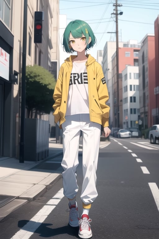 (masterpiece), best quality, best face, perfect face, a girl, skinny, acid-green hair, golden eyes, full_body, pixie short hair, asymmetrical bangs, gakuran, white elegant jacket, white elegant long pants, yellow t-shirt, flat chest, sox, sneakers