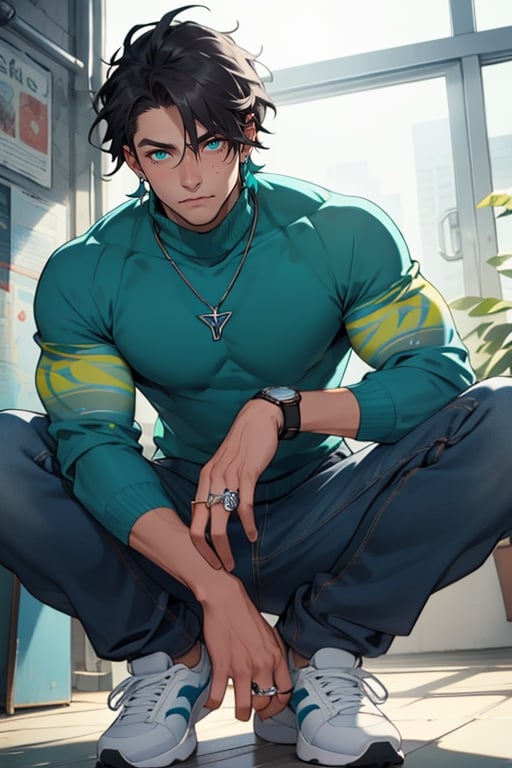 (masterpiece), best quality, expressive eyes, perfect faces, detailed faces, a man, black hair, long tuft covering right eye, teal eyes, fullbody, slender, black turtleneck, jeans, sneakers, a single mole just under left eye, shy, perfect hands, light blue transparent octahedron earring at left ear, canine tooth necklace, a single silver ring at left thumb, grey socks, five fingers hands, a wedding ring