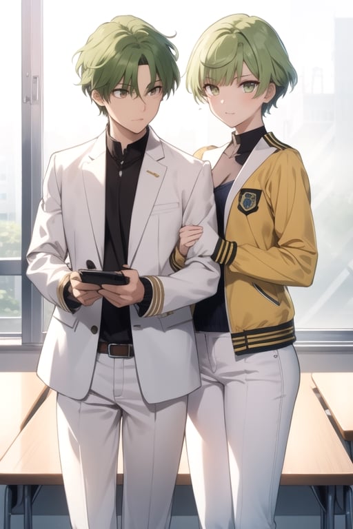 (masterpiece), best quality, best face, perfect face, a girl, female, lime_green hair, short hair, golden eyes, Suzuna, asymmetric bangs, male uniform, white jacket, white pants, technological classroom, yellow t-shirt, Haruka, rokuro_enmadou,suzuna,haruka