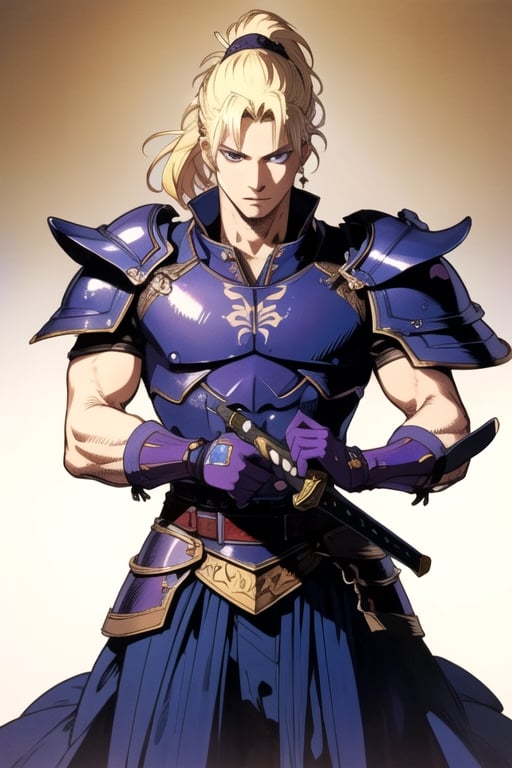 (masterpiece), best quality, best face, perfect face, Yoshitaka_Amano, a guy, blue dressed, blond, purple eyes, ponytail, piece or armor, a sword, a shield, amano yoshitaka