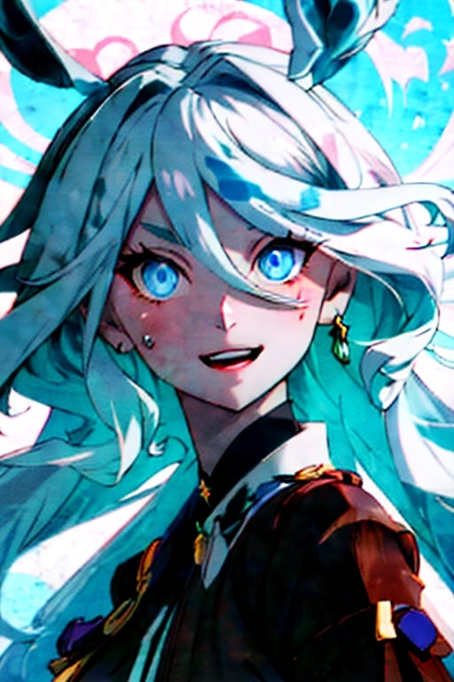 (masterpiece), best quality, expressive eyes, perfect face, perfect eyes, ((best quality)), ((highly detailed)), detailed face, beautiful face, (detailed eyes, deep eyes), girl, (((female))), big deep blue eyes, ((long voluminous hair)), ((white hair)), deep eyes, ((pelt tribal heavy clothes)), poor clothes, fantasy, skinny, dirty face, smile, leather clothes, poor clothes,  brown clothes,shenhe(genshin impact),furina \(genshin impact\),beidoudef