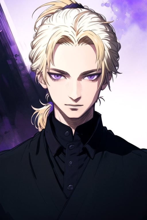 few colors, (masterpiece), best quality, best face, perfect face, Yoshitaka Amano, a boy, ponytail, purple eyes, blond hair, black sky, final fantasy, black and white background