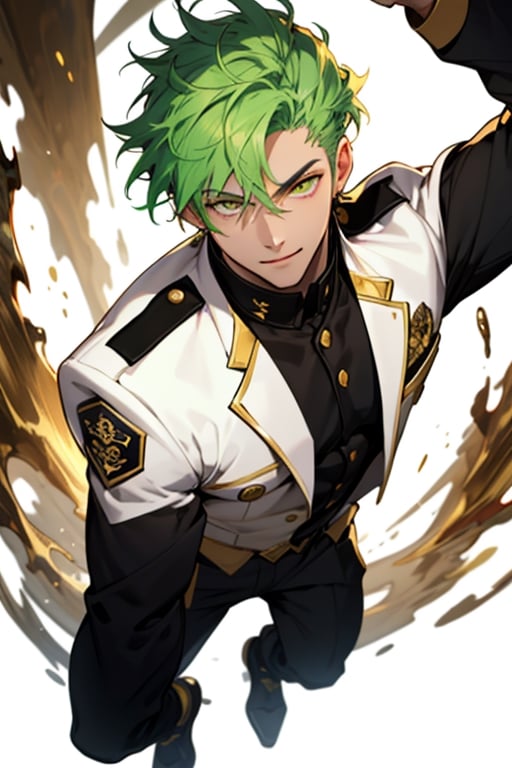 (masterpiece), best quality, expressive eyes, perfect face, detailed face, a boy, (acid green hair), (golden eyes), effeminate, (white uniform, black from the chest up), full body, happy_face