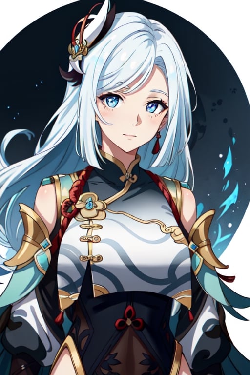 (masterpiece), best quality, expressive eyes, perfect face, perfect eyes, ((best quality)), ((highly detailed)), detailed face, beautiful face, (detailed eyes, deep eyes), girl, (((female))), big deep blue eyes, ((long voluminous hair)), ((white hair)), deep eyes, ((pelt tribal heavy clothes)), poor clothes, skinny, dirty face, smile, character \(series\), character \(series\), leather, fushi_fumetsu, shenhe(genshin impact),fushi_fumetsu