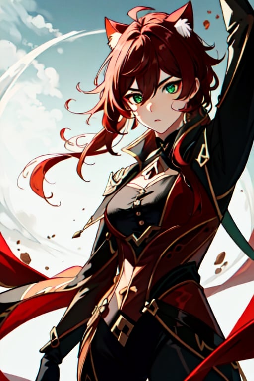 (masterpiece), best quality, expressive eyes, perfect face, perfect eyes, ((best quality)), ((highly detailed)), detailed face, beautiful face, (detailed eyes, deep eyes), female, big green eyes, ((medium long voluminous hair)), ((red hair)), deep eyes, ((dark red catsuit)), character \(series\)