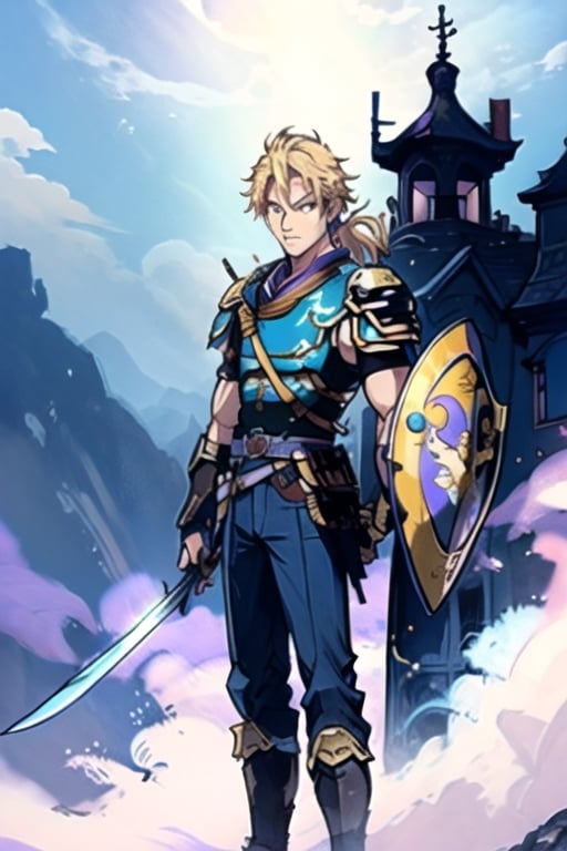(masterpiece), best quality, best face, perfect face, Yoshitaka_Amano, a boy, blue dressed, blond, purple eyes, ponytail, gold armor pauldron, a sword in his right hand, a shield on his back, few colors, most black and white, long_pants,SAM YANG,xjrex,suzuna,EpicSky