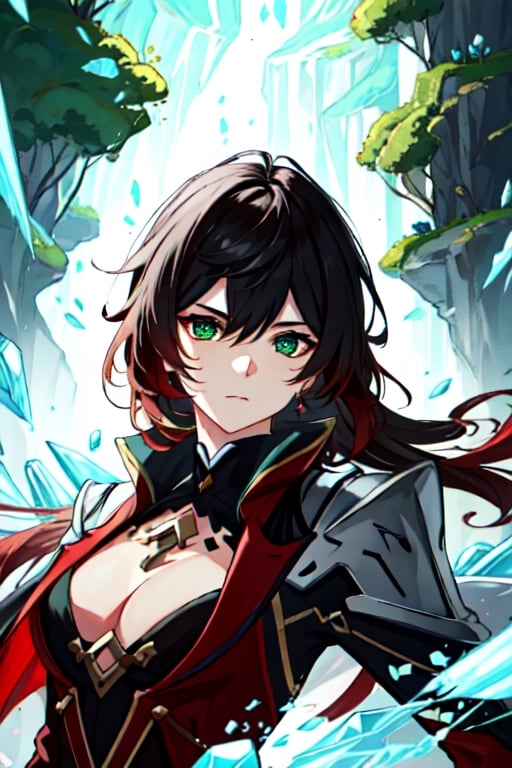 (masterpiece), best quality, expressive eyes, perfect face, perfect eyes, ((best quality)), ((highly detailed)), detailed face, beautiful face, (detailed eyes, deep eyes), female, really long hair, big green eyes, long red voluminous hair, deep eyes, dark red catsuit, 2 swords, emerald green sword, ice made frost sword, character \(series\)