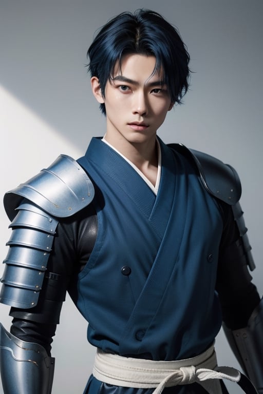 (masterpiece), best quality, expressive eyes, perfect face, centered, (platinum futuristic japanese armor),  (futuristic dojo background), (male), (modern samurai), blue, (blue hair), leather, jedi, young, blue, azure, ((white Haori)), cyberpunk, (16 years old)