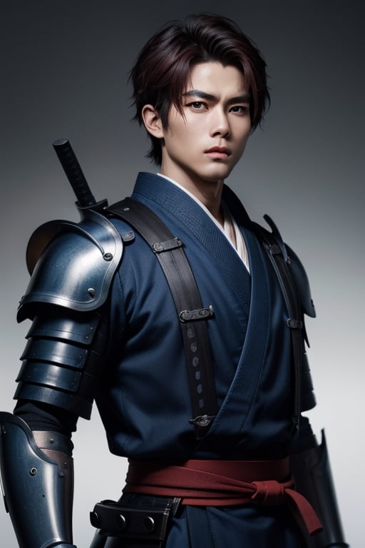 (masterpiece), best quality, expressive eyes, perfect face, centered, (platinum futuristic japanese armor),  (futuristic dojo background), (male), (modern samurai), blue, (dark red hair), leather, jedi, young, blue, azure, ((white Haori)), cyberpunk, bulk