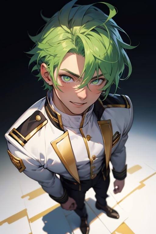 (masterpiece), best quality, expressive eyes, perfect faces, detailed faces, a boy, acid green hair, golden eyes, effeminate, white uniform, fullbody, happy_face