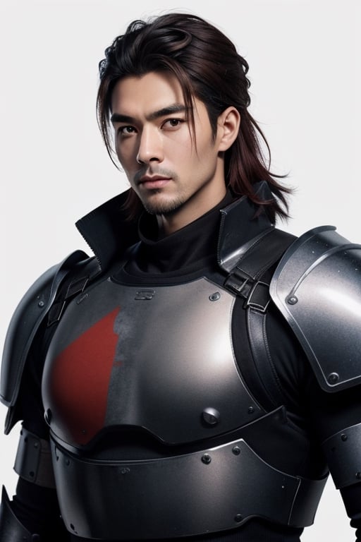 (masterpiece), best quality, expressive eyes, perfect face, centered, (platinum futuristic japanese armor),  (futuristic dojo background), (male), (modern samurai), (dark red hair), leather, jedi, young, red, ((white Haori)), cyberpunk, bulk, short beard, robust physique, 40 years old, huge