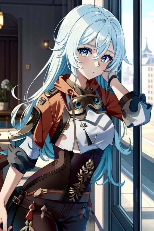 (masterpiece), best quality, expressive eyes, perfect face, perfect eyes, ((best quality)), ((highly detailed)), detailed face, beautiful face, (detailed eyes, deep eyes), girl, (((female))), big deep blue eyes, ((long voluminous hair)), ((white hair)), deep eyes, ((pelt tribal heavy clothes)), poor clothes, skinny, dirty face, smile, character \(series\), character \(series\), leather, fushi_fumetsu, shenhe(genshin impact),fushi_fumetsu