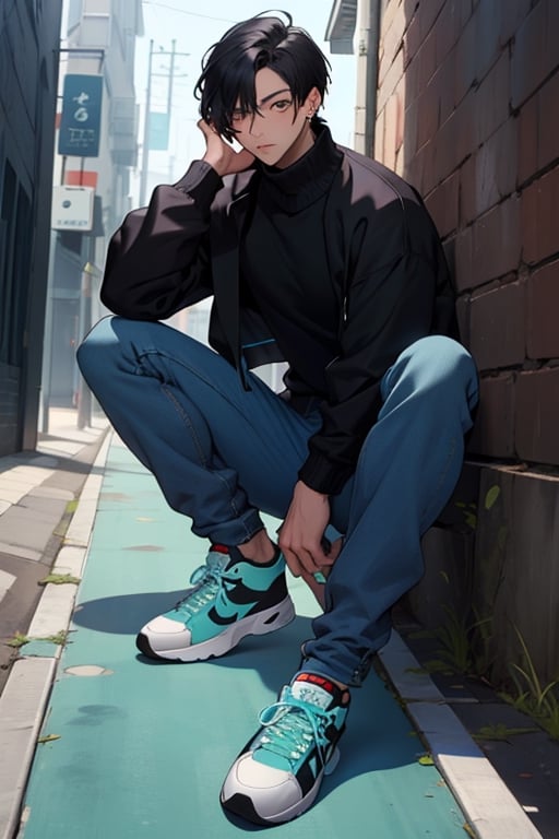 (masterpiece), best quality, expressive eyes, perfect faces, detailed faces, a man, black hair, tuft covering right eye, teal eyes, fullbody, slender, black turtleneck, blue jeans, sneakers, mole under left eye, shy perfect hands, light blue prism earring at left ear