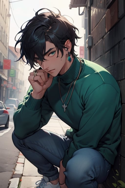 (masterpiece), best quality, expressive eyes, perfect faces, detailed faces, a man, black hair, tuft covering right eye, teal eyes, fullbody, slender, black turtleneck, jeans, sneakers, a single mole just under left eye, shy perfect hands, light blue transparent octahedron earring at left ear, necklace with a vampire canine,  silver ring at left thumb, grey socks