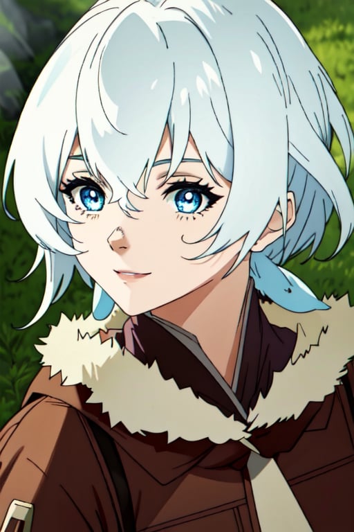 (masterpiece), best quality, expressive eyes, perfect face, perfect eyes, ((best quality)), ((highly detailed)), detailed face, beautiful face, (detailed eyes, deep eyes), girl, (((female))), big deep blue eyes, ((long voluminous hair)), ((white hair)), deep eyes, ((pelt tribal heavy clothes)), poor clothes, skinny, dirty face, smile, character \(series\), character \(series\), leather, fushi_fumetsu,