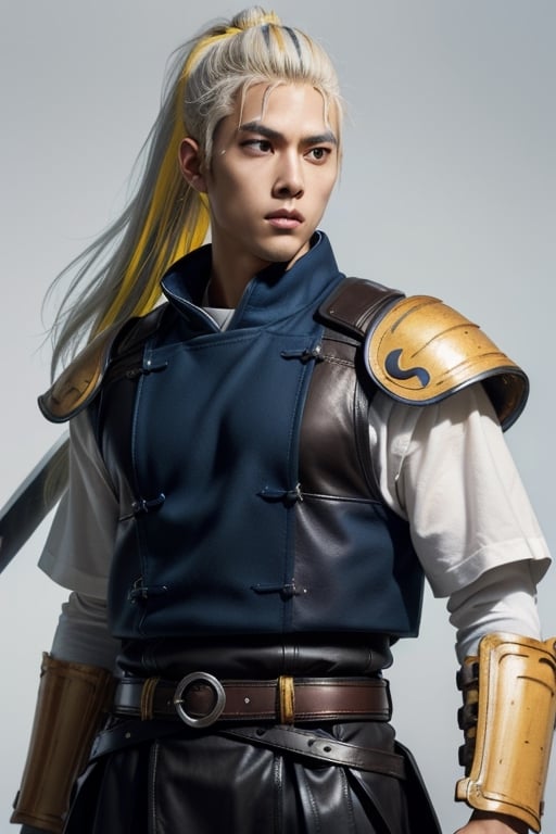 (masterpiece), best quality, expressive eyes, perfect face, centered, (platinum futuristic armor),  (futuristic dojo background), (male), (modern samurai), jinbaori, ((futuristic azure samurai leather long gillet with yellow highlights)), blue, (white hair), (long ponytail), (futuristic katana at the belt), leather, jedi, young, blue, azure, ((white Haori))