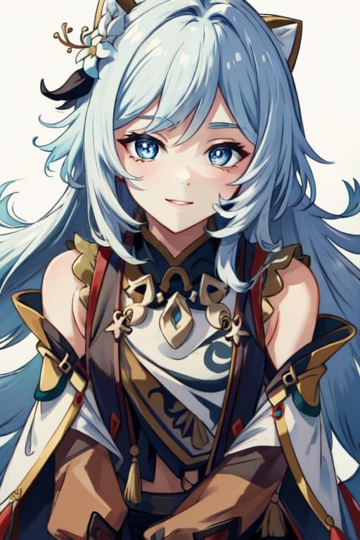 (masterpiece), best quality, expressive eyes, perfect face, perfect eyes, ((best quality)), ((highly detailed)), detailed face, beautiful face, (detailed eyes, deep eyes), girl, (((female))), big deep blue eyes, ((long voluminous hair)), ((white hair)), deep eyes, ((pelt tribal heavy clothes)), razor clothes, skinny, dirty, smile, character \(series\),character \(series\)