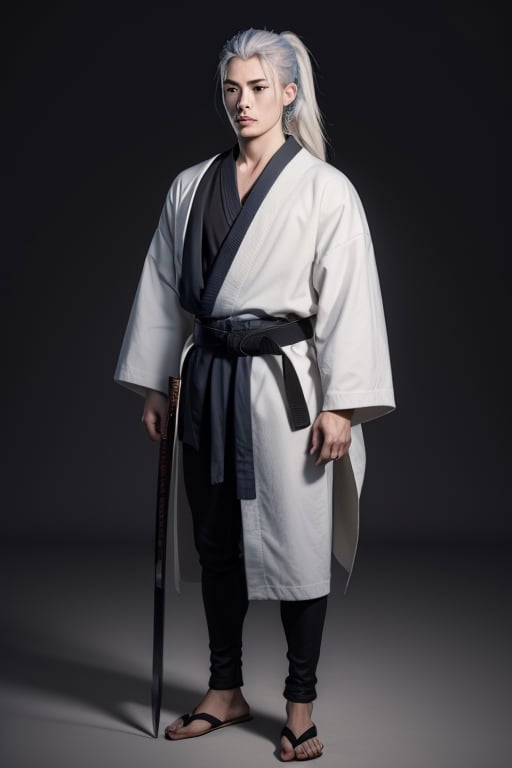 (masterpiece), best quality, expressive eyes, perfect face, a girl, centered, full body platinum armor,  (dojo background::1.2), male, , samurai , modern , jinbaori, , samurai jacket , blue, white hair, long ponytail , futuristic katana at belt, leather, jedi, daimyo jacket, young,