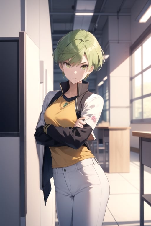 (masterpiece), best quality, best face, perfect face, a girl, female, lime_green hair, short hair, golden eyes, Suzuna, asymmetric bangs, male uniform, white jacket, white pants, technological classroom, yellow t-shirt, Haruka, rokuro_enmadou,suzuna,haruka