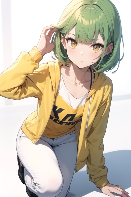 (masterpiece), best quality, best face, perfect face, a girl, skinny, acid-green hair, golden eyes, full_body, pixie hair, asymmetrical bangs, gakuran, white jacket, white long pants, yellow t-shirt, flat chest, 