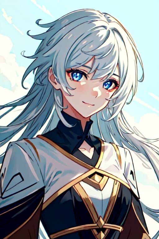 (masterpiece), best quality, expressive eyes, perfect face, perfect eyes, ((best quality)), ((highly detailed)), detailed face, beautiful face, (detailed eyes, deep eyes), female, big deep blue eyes, ((long voluminous hair)), ((white hair)), deep eyes, ((pelt tribal heavy clothes)), smile, character \(series\)