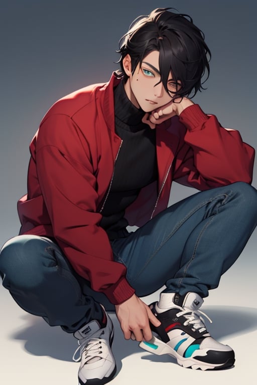 (masterpiece), best quality, expressive eyes, perfect faces, detailed faces, a man, black hair, tuft covering right eye, teal eyes, fullbody, slender, black turtleneck, blue jeans, sneakers, mole under left eye,