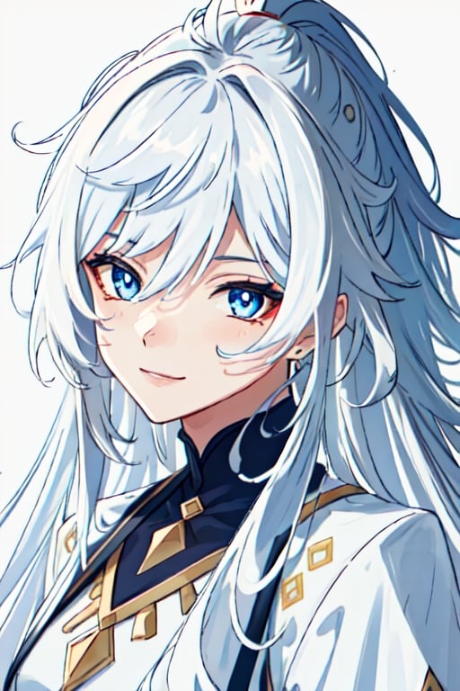 (masterpiece), best quality, expressive eyes, perfect face, perfect eyes, ((best quality)), ((highly detailed)), detailed face, beautiful face, (detailed eyes, deep eyes), female, big deep blue eyes, ((long voluminous hair)), ((white hair)), deep eyes, ((pelt tribal heavy clothes)), razor clothes, dirty, smile, character \(series\)