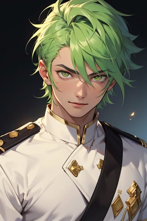 (masterpiece), best quality, expressive eyes, perfect face, detailed face, a boy, (acid green hair), (golden eyes), effeminate, (white uniform, black from the chest up), full body, happy_face