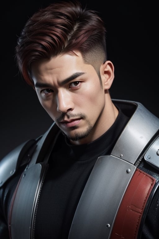 (masterpiece), best quality, expressive eyes, perfect face, centered, (platinum futuristic japanese armor),  (futuristic dojo background), (male), (modern samurai), (dark red hair), leather, jedi, young, red, ((white Haori)), cyberpunk, bulk, short beard, robust physique, 50 years old, huge muscled,