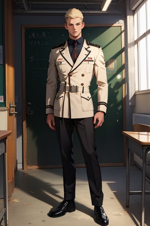 (masterpiece), best quality, mannequin, (white male school uniform, black from the chest up), full body, military-style