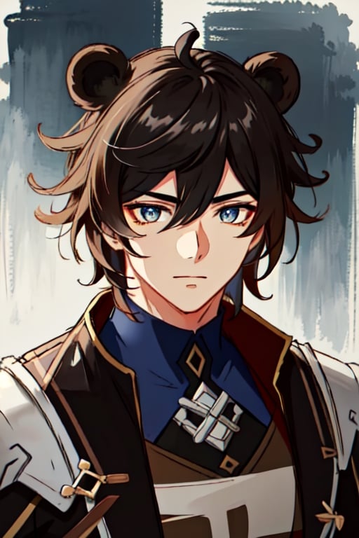 (masterpiece), best quality, expressive eyes, perfect face, perfect eyes, ((best quality)), ((highly detailed)), detailed face, beautiful face, (detailed eyes, deep eyes), male, muscular, big, bear ears, mercenary dress, scy-fy, battle dress, military camouflage suit, dark brown hair, short hair, character \(series\)