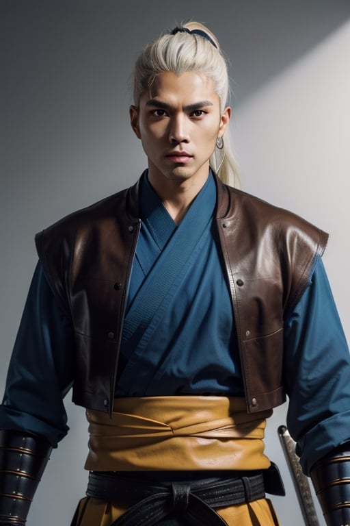 (masterpiece), best quality, expressive eyes, perfect face, centered, (platinum futuristic armor),  (dojo background), (male), (modern samurai), jinbaori, ((futuristic azure samurai leather gillet)), (yellow highlights), blue, (white hair), (long ponytail), (futuristic katana at the belt), leather, jedi, young, blue, azure,