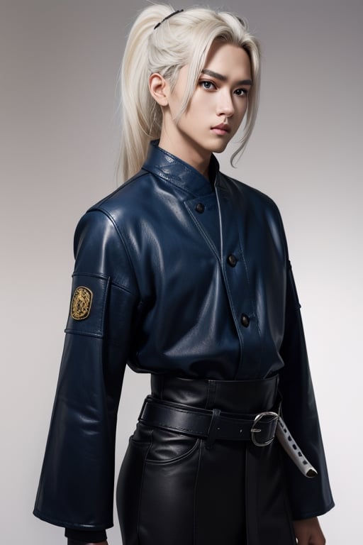 (masterpiece), best quality, expressive eyes, perfect face, a girl, centered, platinum futuristic armor,  dojo background, male, samurai , modern , jinbaori, , samurai jacket , blue, white hair, long ponytail , futuristic katana, katana at belt, leather, jedi, daimyo jacket, young, blue, futuristic leather jinbaori, azure, opened leather jillet, white, black, yellow,