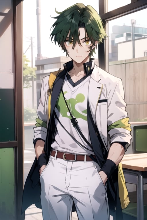 (masterpiece), best quality, best face, perfect face, a girl, lime_green hair, short hair, golden eyes, Suzuna, asymmetric bangs, male clothes, Japanese male school uniform, white jacket, white pants, technological classroom, yellow t-shirt,haruka