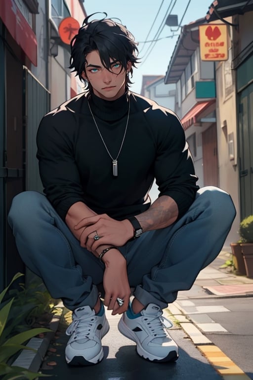 (masterpiece), best quality, expressive eyes, perfect faces, detailed faces, a man, black hair, long tuft covering right eye, teal eyes, fullbody, slender, black turtleneck, jeans, sneakers, a single mole just under left eye, shy, perfect hands, light blue transparent octahedron earring at left ear, wolf tooth necklace, silver ring at left thumb, grey socks, five fingers hands
