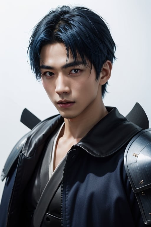(masterpiece), best quality, expressive eyes, perfect face, centered, (platinum futuristic japanese armor),  (futuristic dojo background), (male), (modern samurai), blue, (blue hair), leather, jedi, young, blue, azure, ((white Haori)), cyberpunk, (teen)