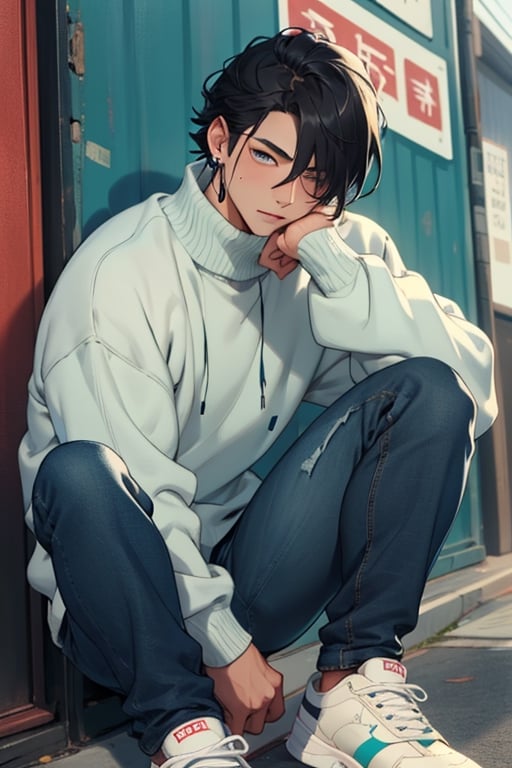 (masterpiece), best quality, expressive eyes, perfect faces, detailed faces, a man, black hair, tuft covering right eye, teal eyes, fullbody, slender, black turtleneck, blue jeans, sneakers, one mole just under left eye, shy perfect hands, light blue prism earring at left ear
