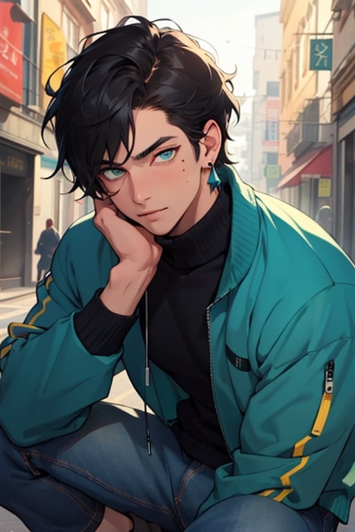 (masterpiece), best quality, expressive eyes, perfect faces, detailed faces, a man, black hair, tuft covering right eye, teal eyes, fullbody, slender, black turtleneck, jeans, sneakers, a single mole just under left eye, shy perfect hands, light blue octahedron earring at left ear