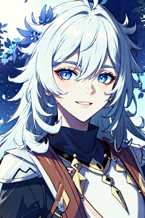 (masterpiece), best quality, expressive eyes, perfect face, perfect eyes, ((best quality)), ((highly detailed)), detailed face, beautiful face, (detailed eyes, deep eyes), female, big deep blue eyes, ((long voluminous hair)), ((white hair)), deep eyes, ((pelt tribal heavy clothes)), razor clothes, dirty, smile, character \(series\),character \(series\)