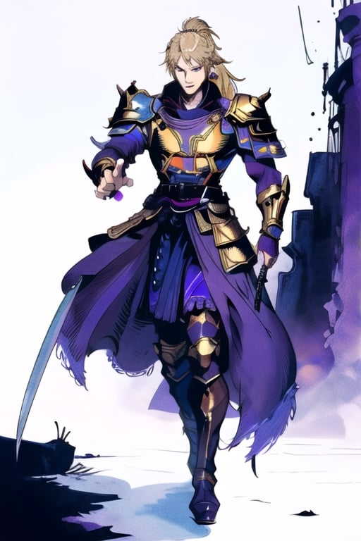 (masterpiece), best quality, best face, perfect face, Yoshitaka_Amano, a guy, blue dressed, blond, purple eyes, ponytail, gold shoulder armor, a sword in his right hand, a shield on his back, few colors, most black and white