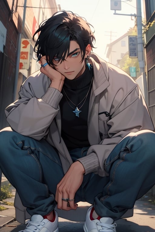 (masterpiece), best quality, expressive eyes, perfect faces, detailed faces, a man, black hair, tuft covering right eye, teal eyes, fullbody, slender, black turtleneck, jeans, sneakers, a single mole just under left eye, shy perfect hands, light blue transparent octahedron earring at left ear, necklace with a vampire canine,  silver ring at left thumb, grey socks