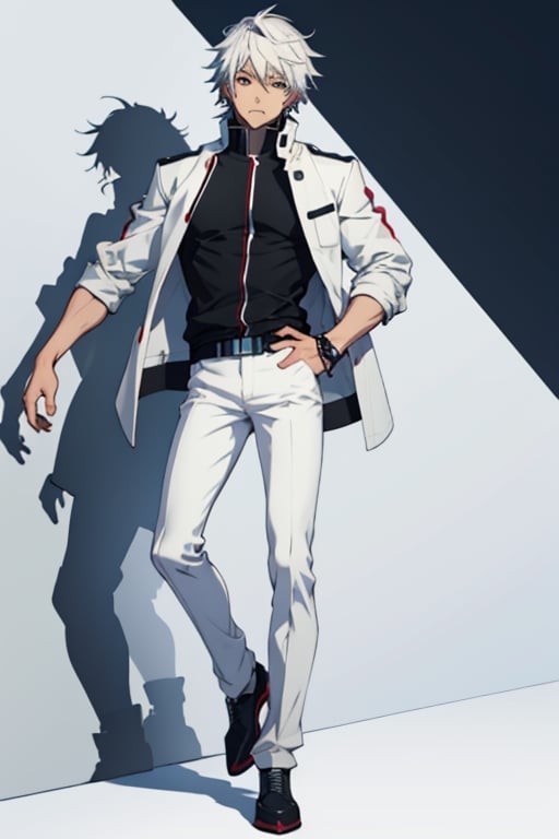 (masterpiece), best quality, (white(Gakuran)), full body, (Infinite Stratos)Style, white jacket, white pants, black shoulders