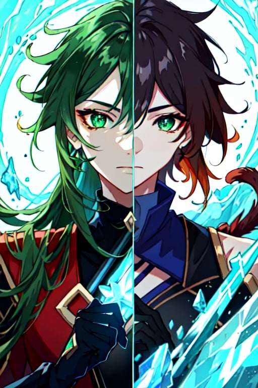 (masterpiece), best quality, expressive eyes, perfect face, perfect eyes, ((best quality)), ((highly detailed)), detailed face, beautiful face, (detailed eyes, deep eyes), female, big green eyes, ((long red voluminous hair)), deep eyes, ((dark red catsuit)), ((2 swords)), (emerald green sword), (ice made frost sword), character \(series\)